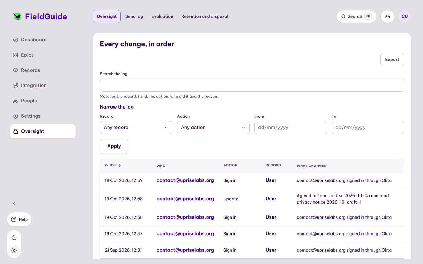 FieldGuide: oversight — every change, in order