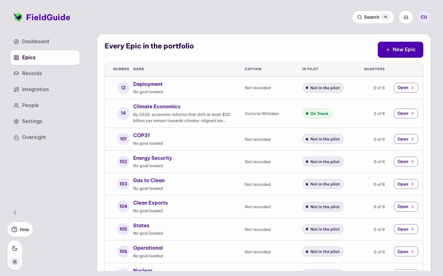 FieldGuide: the epic register — every epic in the portfolio